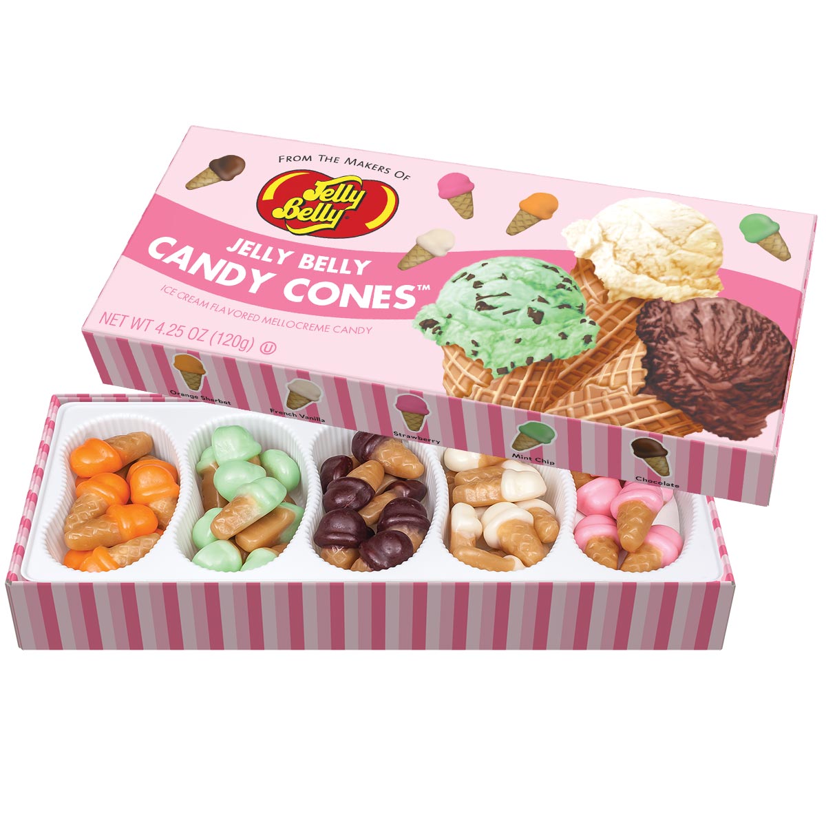 ICE CREAM FLAVORED MELLOCREME CANDY CONES, ORANGE SHERBET, FRENCH VANILLA, STRAWBERRY, MINT CHIP, CHOCOLATE