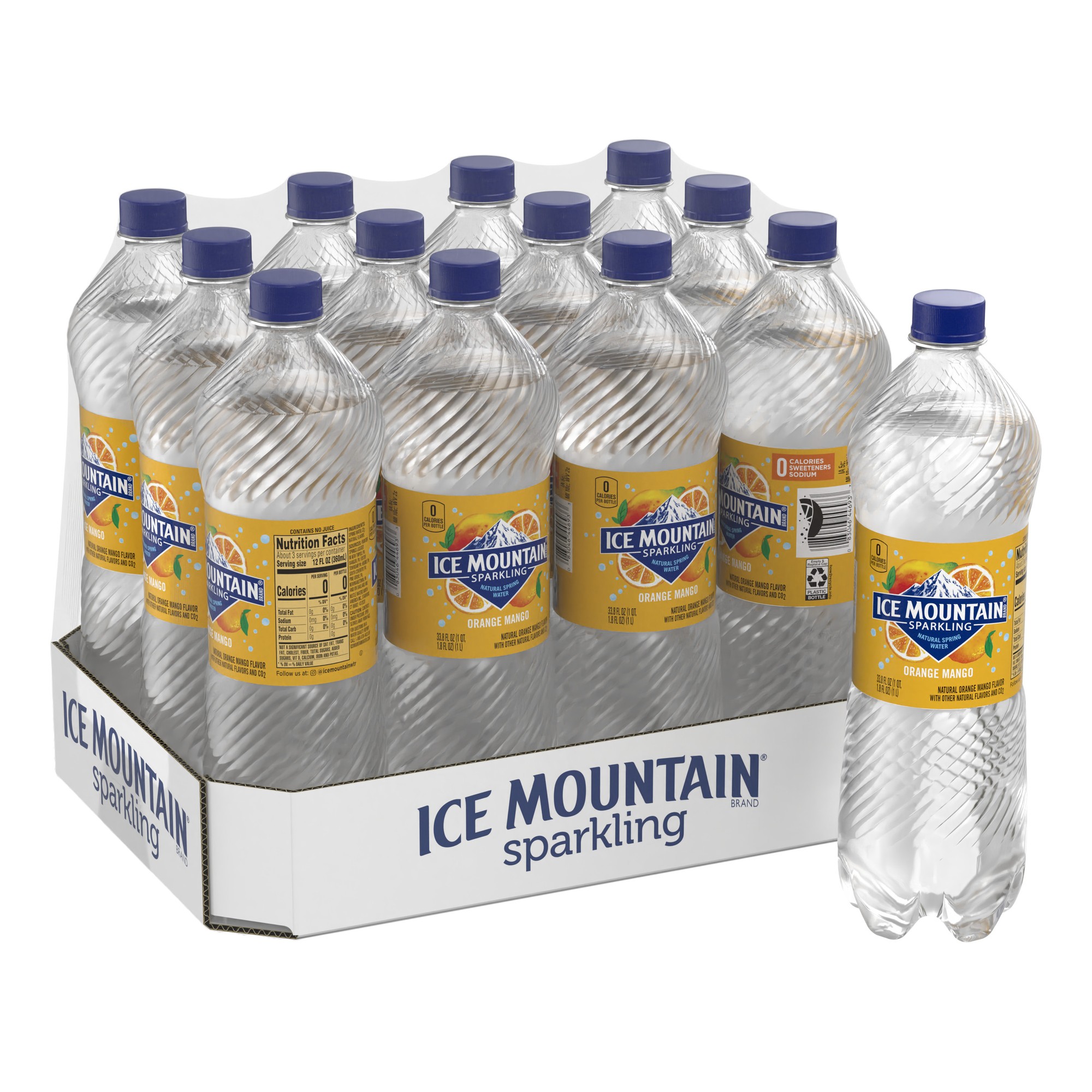 Ice Mountain Sparkling Water, Orange Mango, 33.8 Oz. Plastic Bottles (12 Count)