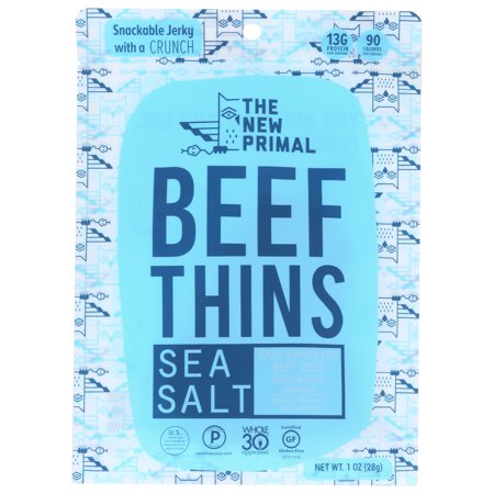 The New Primal Sea Salt Beef Thins Jerky, 100% Grass-Fed Beef, 1 Oz (8 Bags)