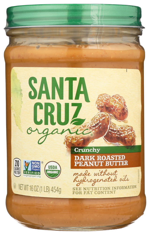 Santa Cruz Organic Peanut Butter, Dark Roasted Crunchy, 16 Oz, Pack of 6