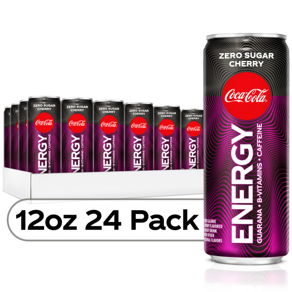 Cherry Coke Energy Zero Sugar, Coca-Cola Flavored Energy Drinks with Vitamin B6, Vitamin B3 & Guarana, 144 Mg Caffeine, 12 Fl Oz, 24 Pack