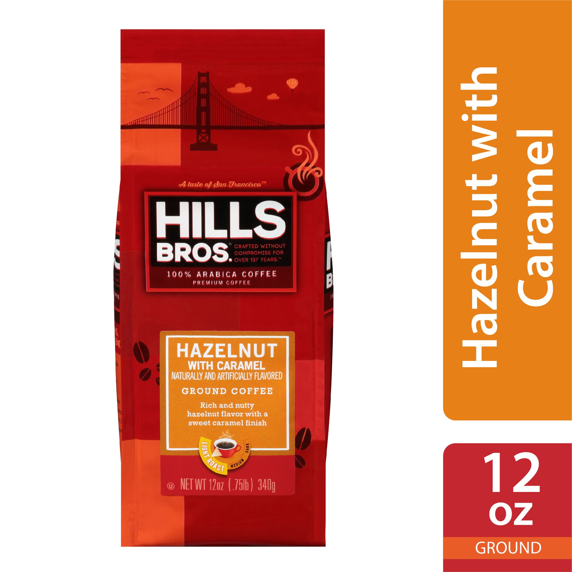 Hills Bros. 100% Arabica Ground Coffee  Hazelnut with Caramel Light Roast  12 Oz