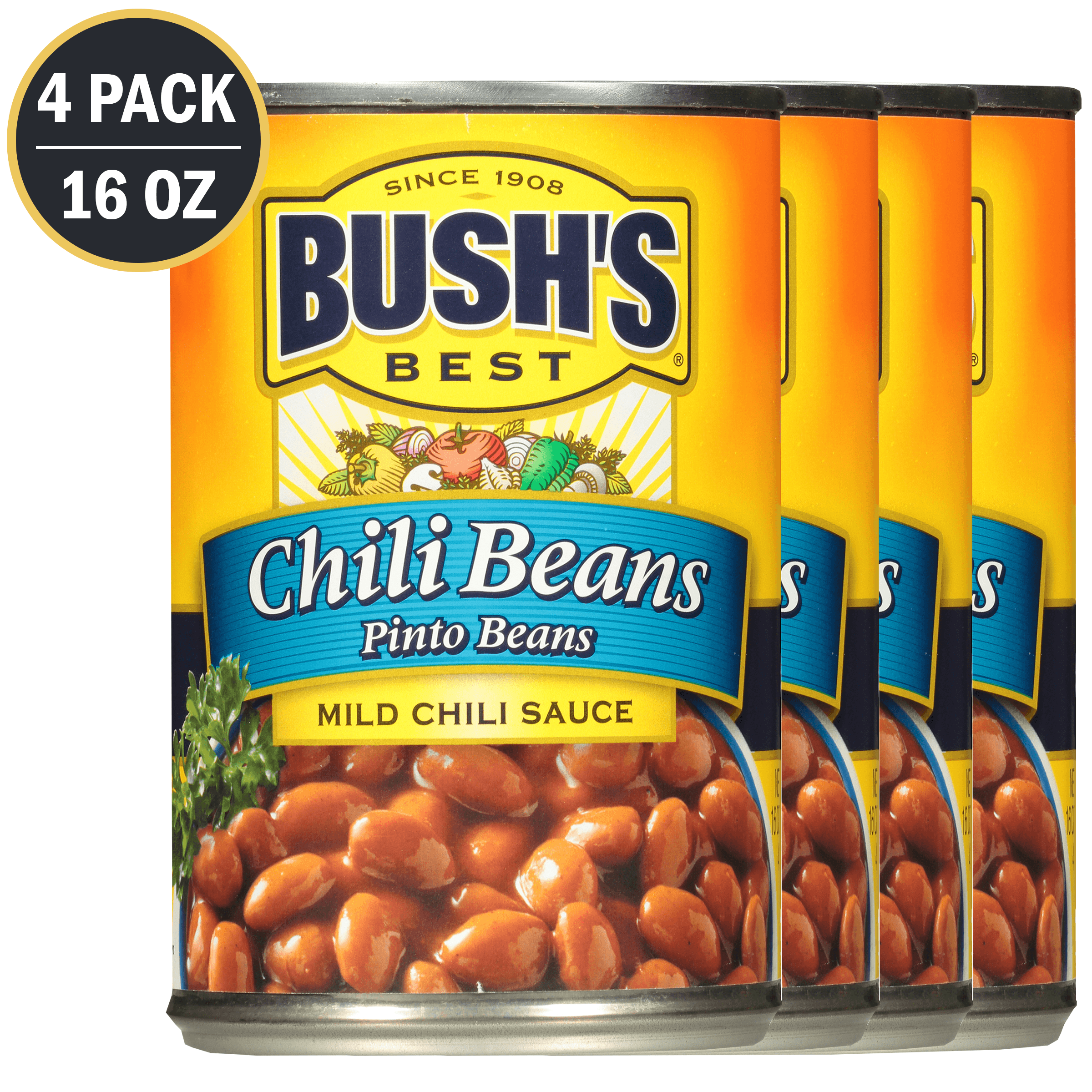 BUSHS Chili Beans, Canned Pinto Beans in Mild Chili Sauce, 16 Oz, 4 Pack