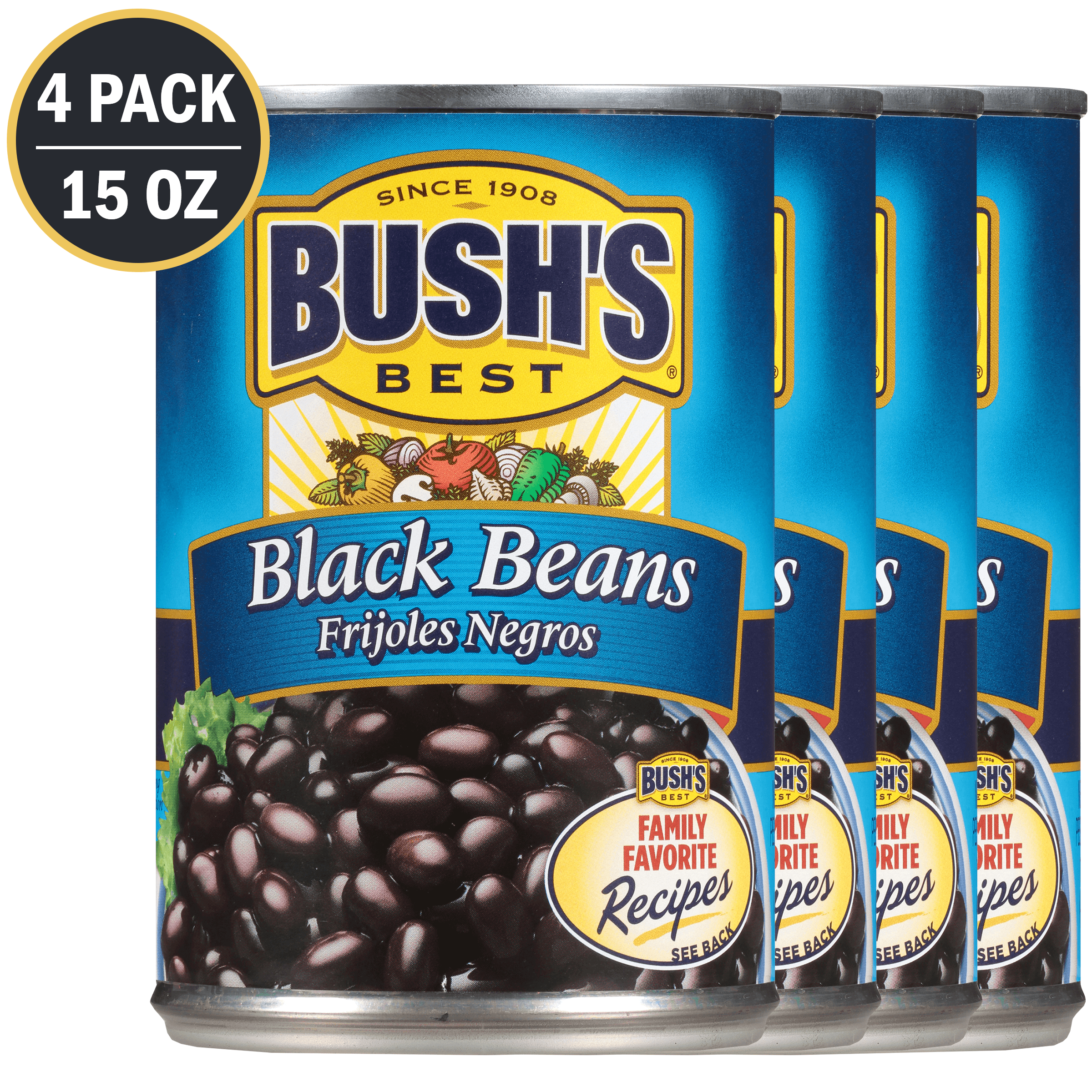 (4 Pack) BUSHS Black Beans, Plant Based Protein, Canned Black Beans, 15 Oz