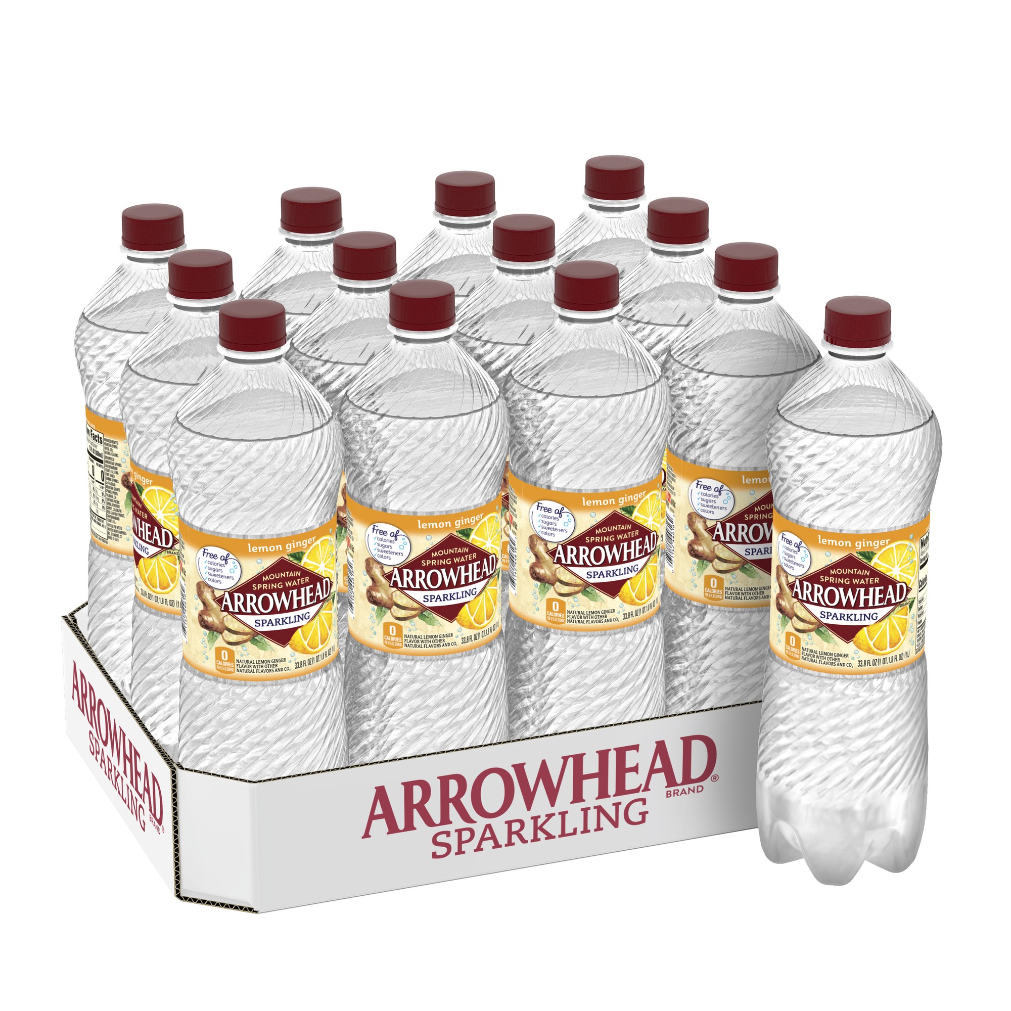 Arrowhead Sparkling Water, Lemon Ginger, 33.8 Oz Plastic Bottles (12 Count)