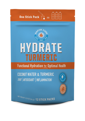Rapid Fire Hydrate Powder, Drink Mix, Stick Packs, Coconut Water, Electrolytes, Equals 3 Bottles of Water, Turmeric Flavor, 2.11 Oz. (12 Sticks)