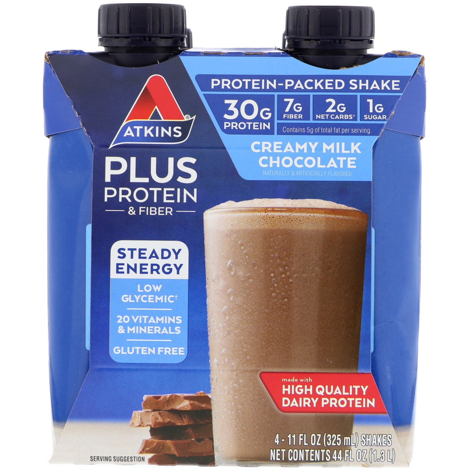 Atkins PLUS Protein & Fiber Creamy Milk Chocolate Shake  11 Fl Oz  3/4ct Packs (Ready to Drink)