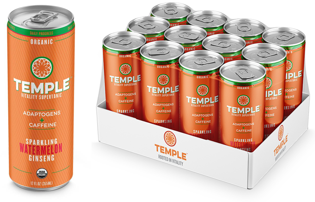 Temple Turmeric, Vitality Supertonic, Sparkling Watermelon Ginseng, Adaptogens + Caffeine, 12 Fl Oz, 12 Ct