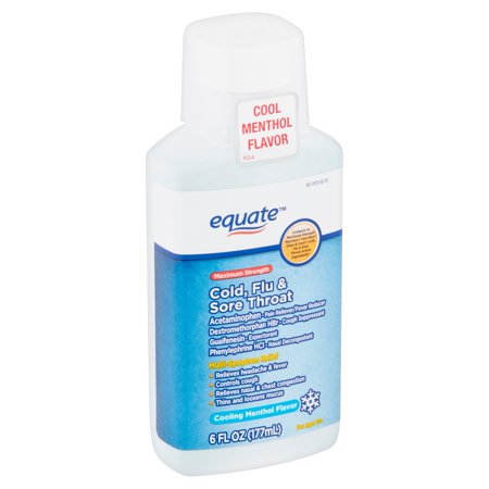 Equate Maximum Strength Cooling Menthol Flavor Cold, Flu & Sore Throat Liquid, for Ages 12+, 6 Fl Oz