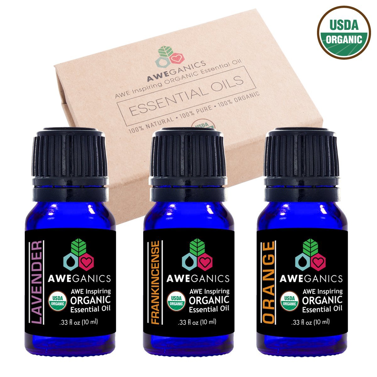 Aweganics USDA Organic Essential Oils for Relaxation and Stress Set  3 Pack Oil Blends Aromatherapy Gift Set  100% Pure  Relaxing  Stress Reducing  La