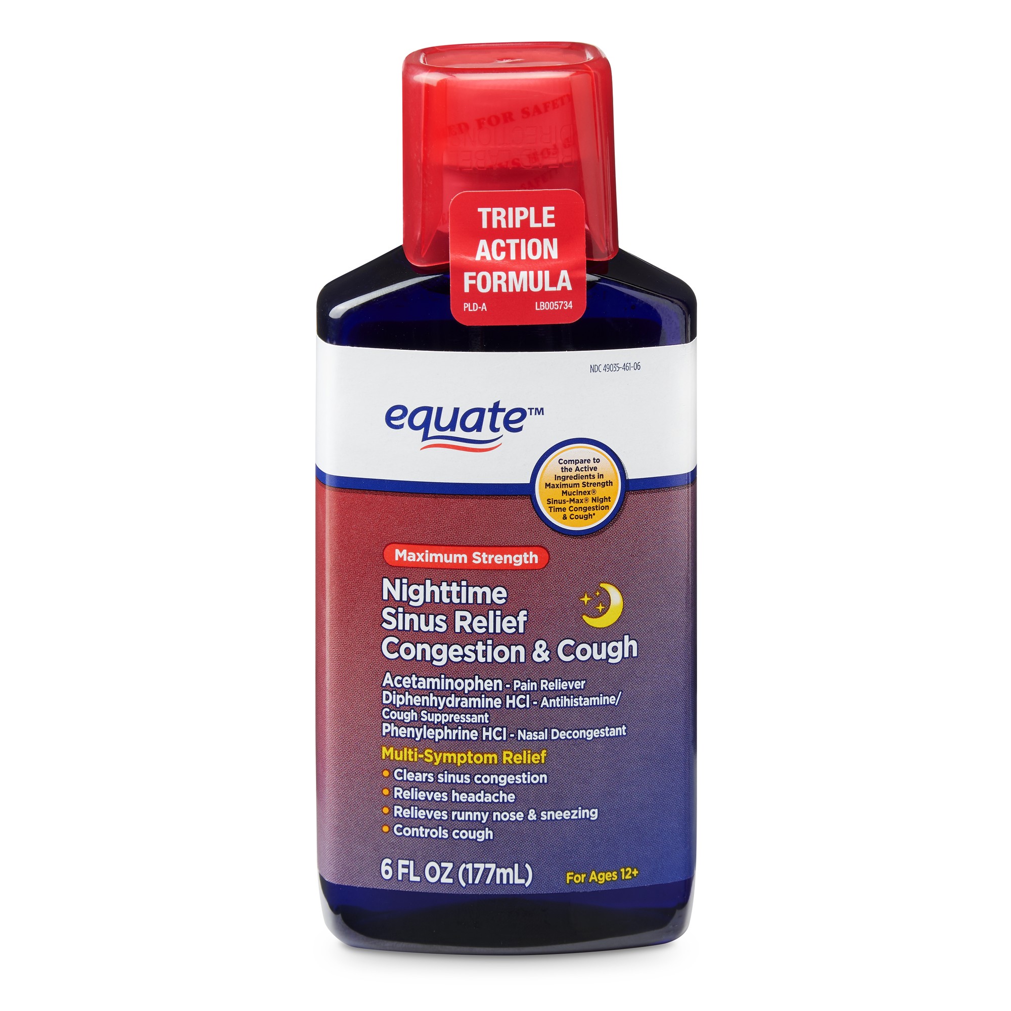 Equate Maximum Strength Nighttime Sinus Relief Congestion & Cough, Ages 12+, 6 Fl Oz