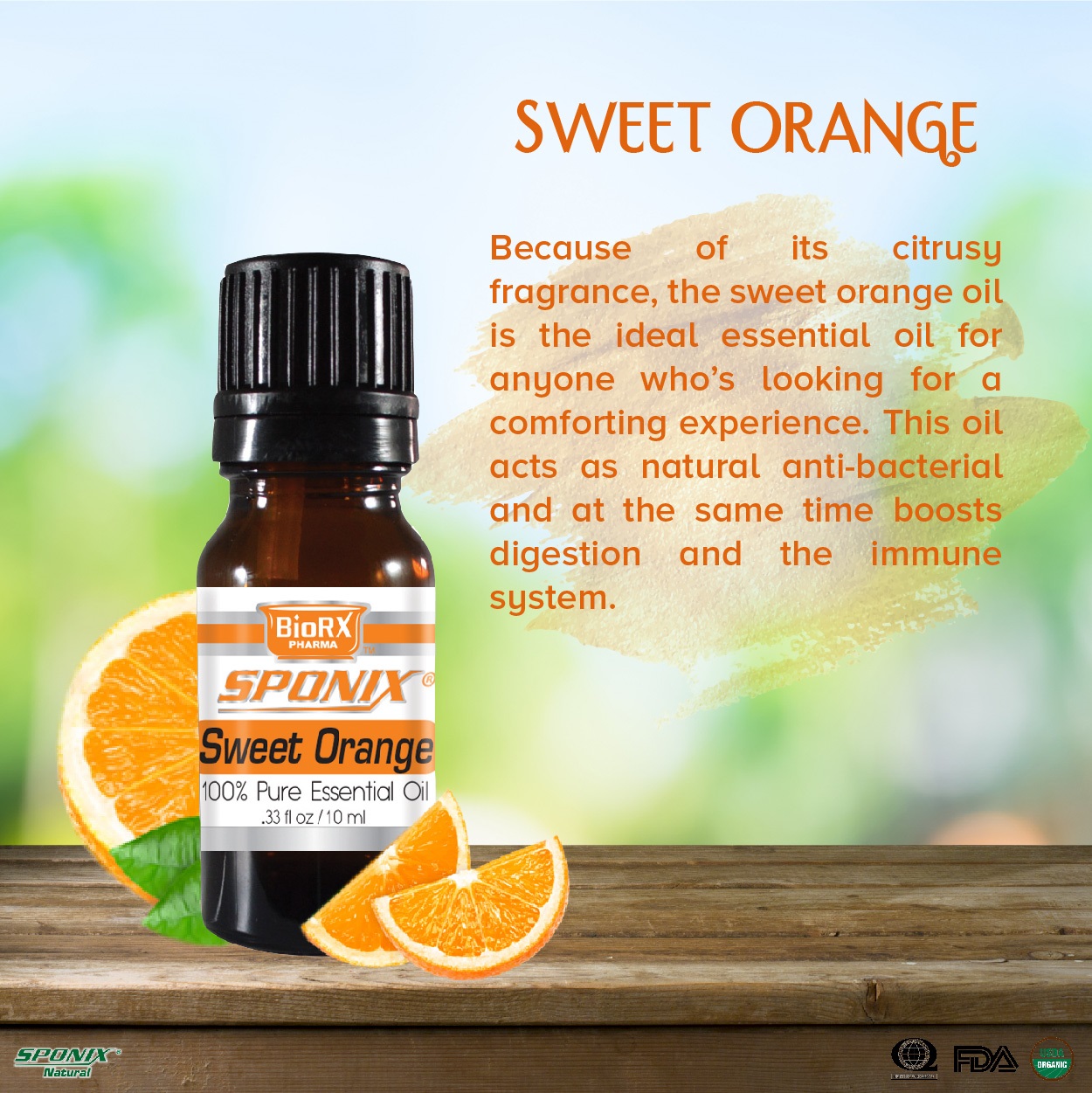Sweet Orange Essential Oil 10 Ml Aromatherapy 100% Pure and Natural by Sponix