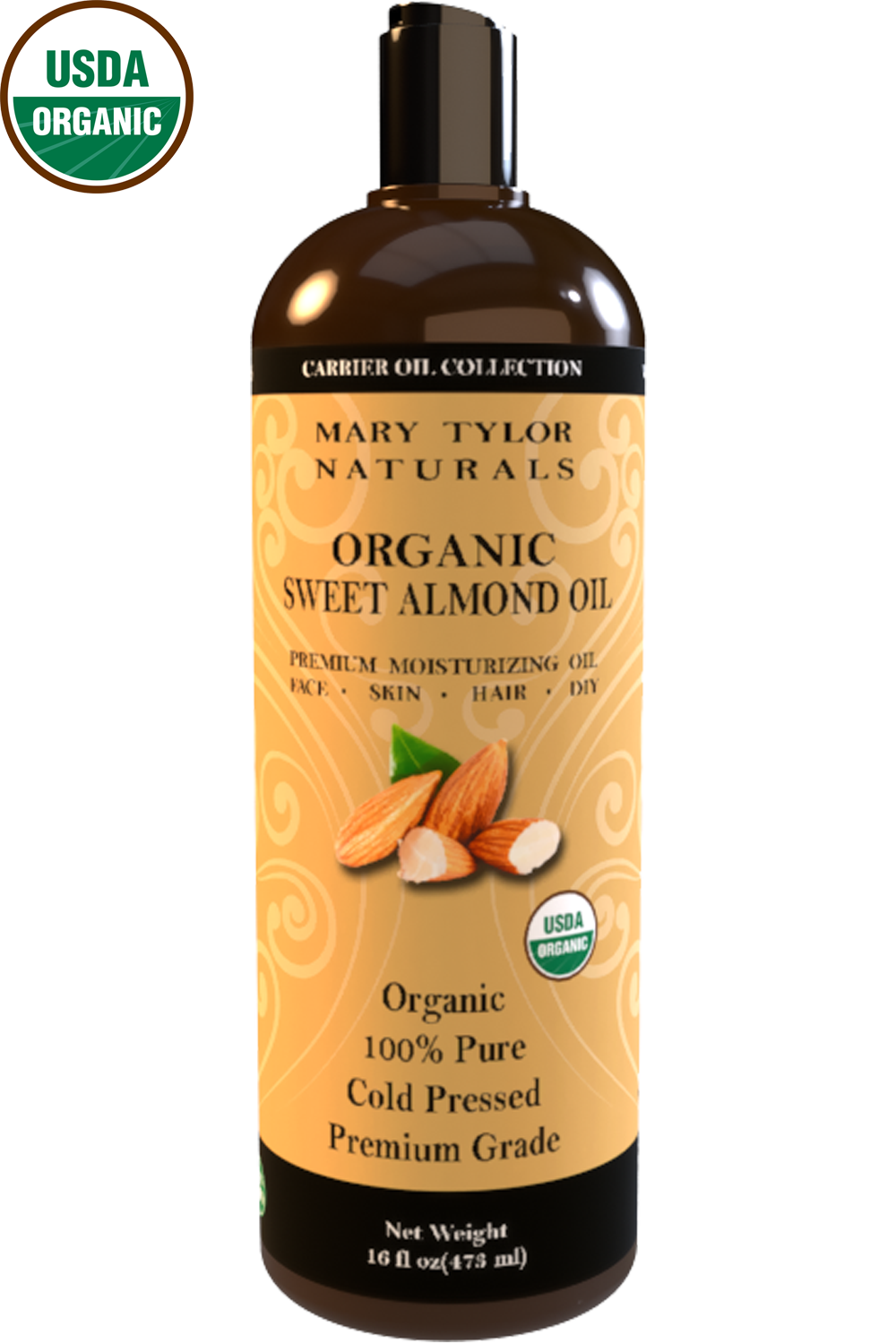 Sweet Almond Oil 16 Oz  USDA Certified Organic by Mary Tylor Naturals  Premium Grade  Cold Pressed  100% Pure  Amazing Moisturizer for Skin Best Carri