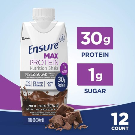 Ensure Max Protein Nutritional Shake with 30g of High-Quality Protein, 1g of Sugar, High Protein Shake, Milk Chocolate, 11 Fl Oz, 12 Count