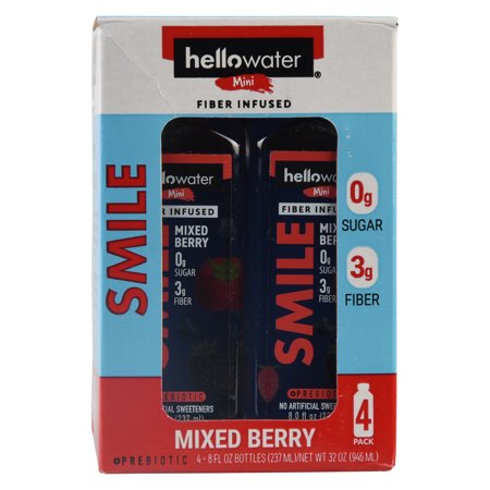 Hellowater KIDS, Mixed Berry Flavored, Prebiotic Fiber Infused Water, Zero Sugar, Zero Net Carbs, 4x8 Fl Oz Bottles