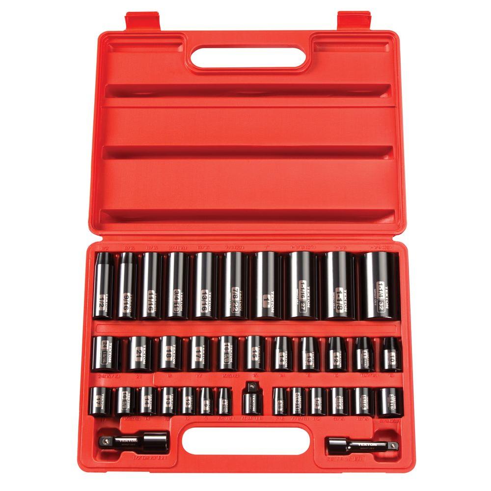 TEKTON 3/8 in. and 1/2 in. Drive 3/8 - 1-1/4 in., 8-32 Mm 6-Point Impact Socket Set (38-Piece)