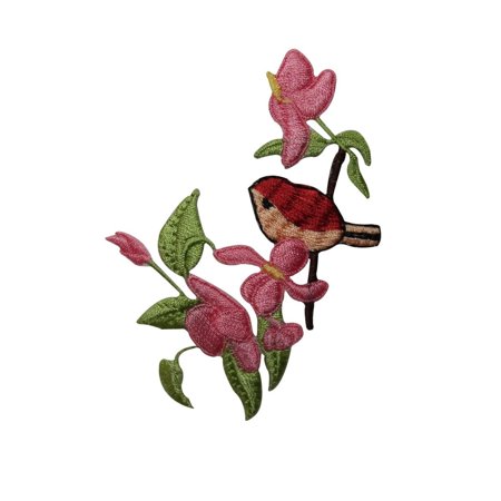 ID 6229 Pink Flower Bush with Bird Patch Garden Embroidered Iron on Applique