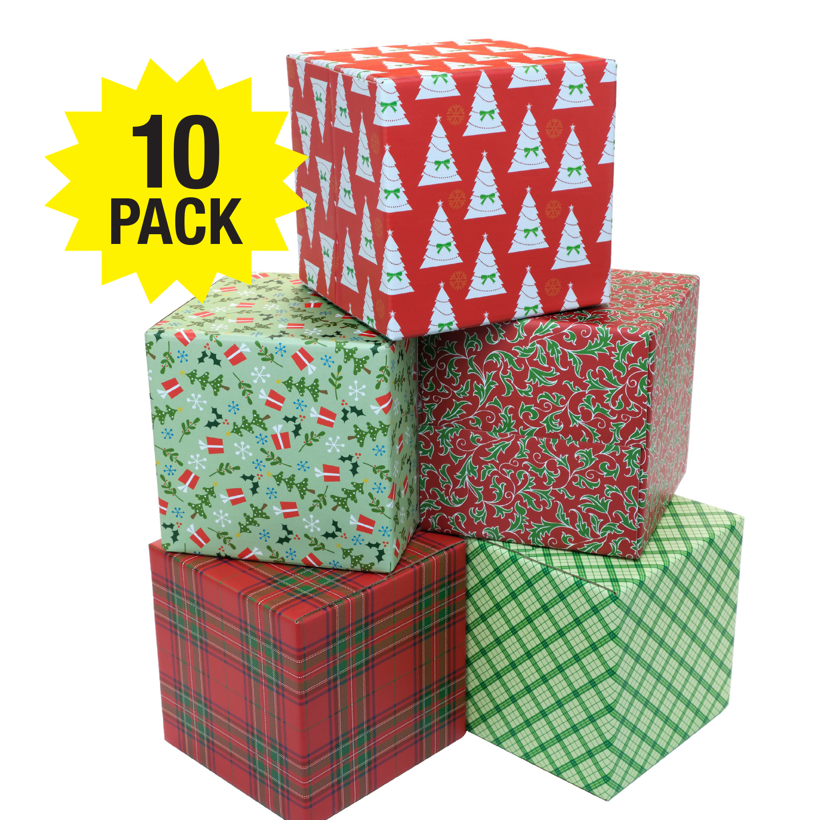 Global Printed Products Holiday Shipping Boxes (Pack of 10 - Assorted Patterns - 6 X6 X6  ) - GPP-0036