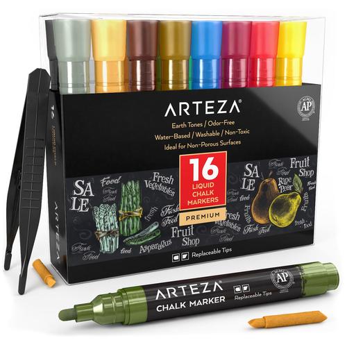 ARTEZA Pastel Liquid Chalk Markers  Set of 16 with 16 Replaceable Chis