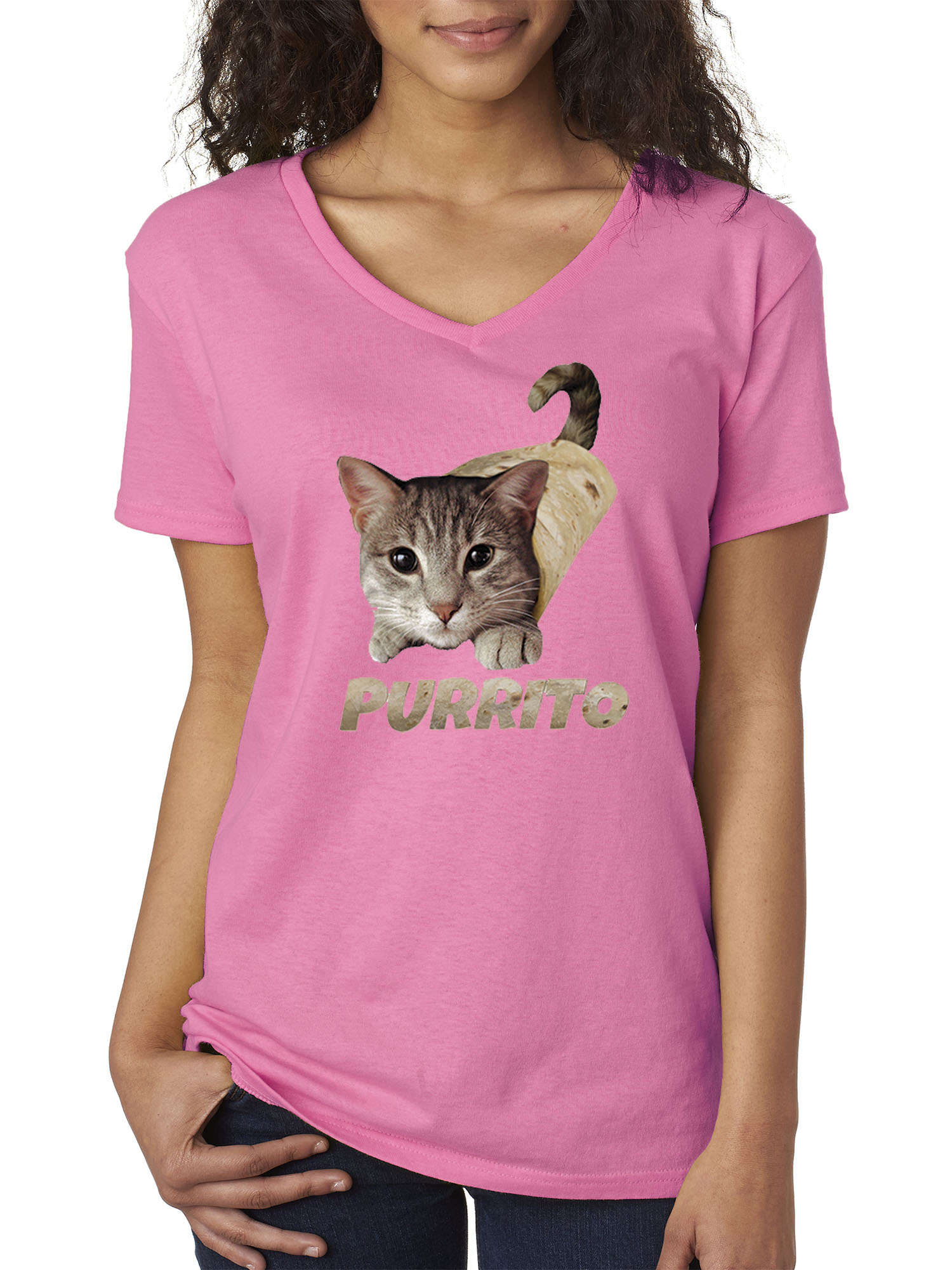 Trendy USA 1507 - Women's V-Neck T-Shirt Purrito Burrito Kitty Cat Lovers Taco Spicy Funny 2XL Azalea Pink