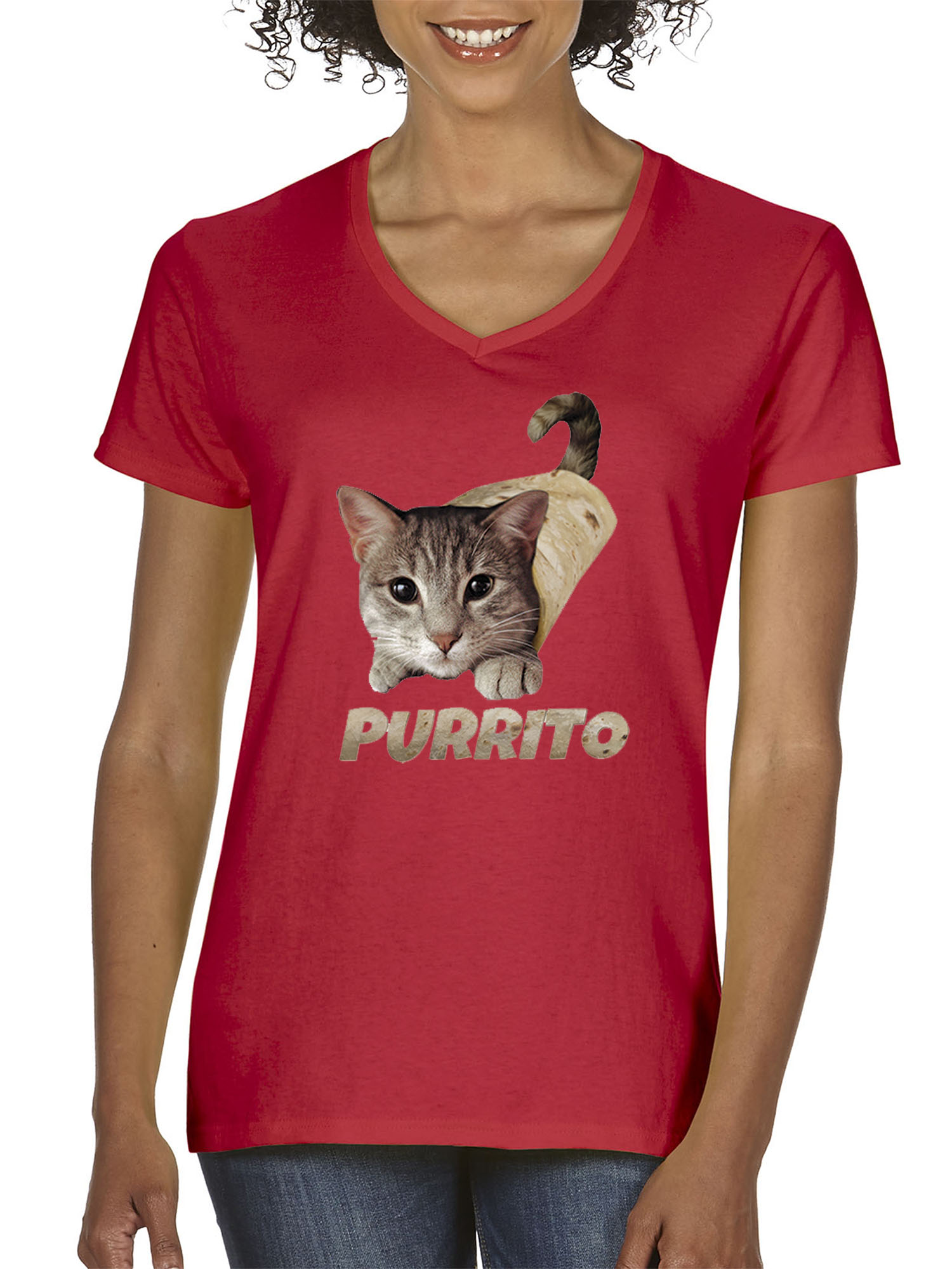 Trendy USA 1507 - Women's V-Neck T-Shirt Purrito Burrito Kitty Cat Lovers Taco Spicy Funny 2XL Red