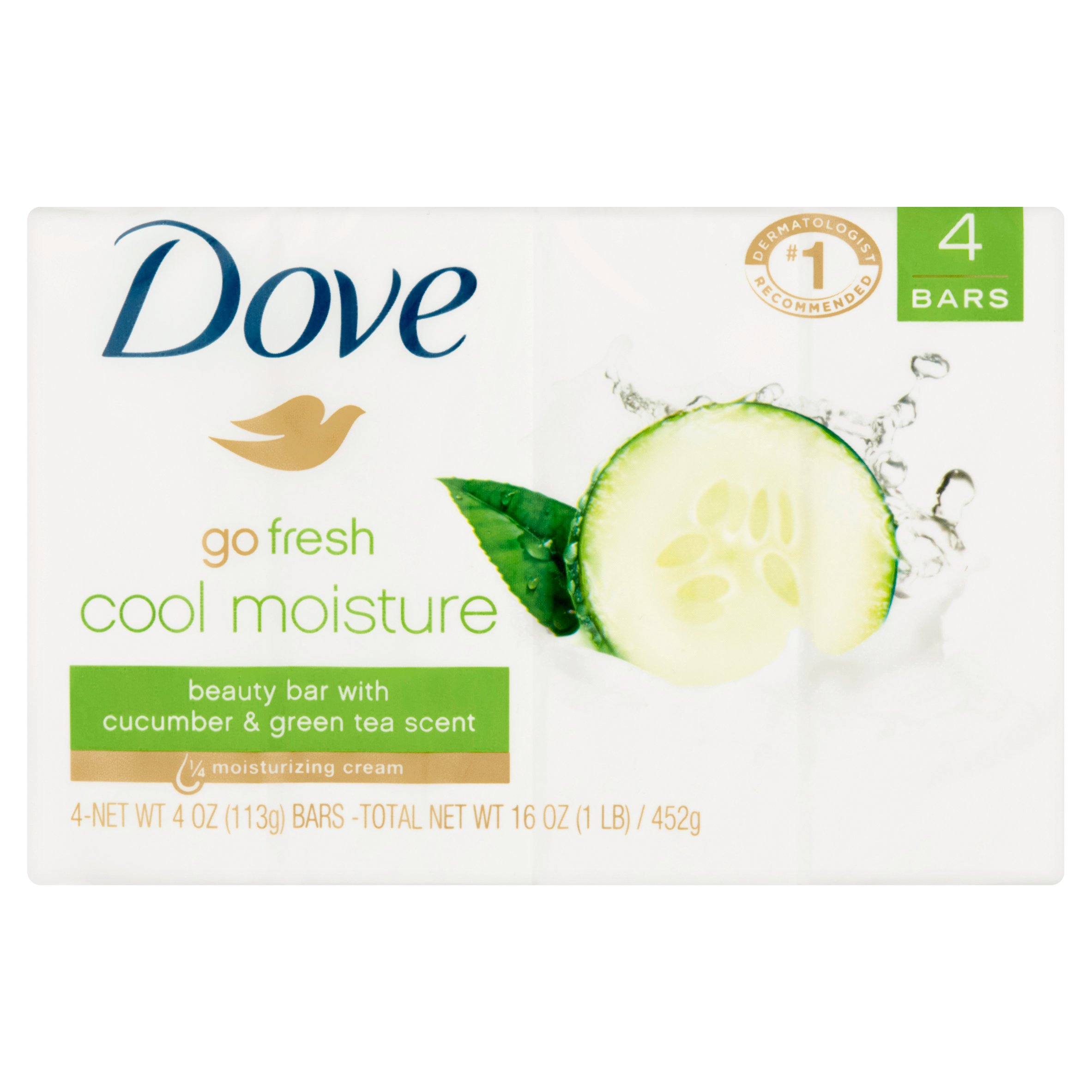 Dove Beauty Bar Women S Bath Soap Cool Moisture Cucumber & Green Tea Scent  3.75 Oz 4 Bars