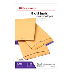 office depot brand manila envelopes, 9" x 12", clasp closure, brown kraft, box of 100