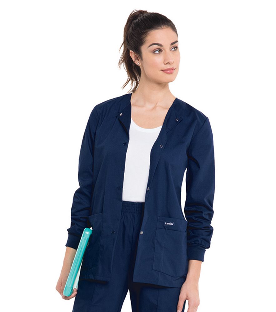 Landau Essentials Relaxed Fit 4-Pocket Snap-Front Scrub Jacket for Women 7525