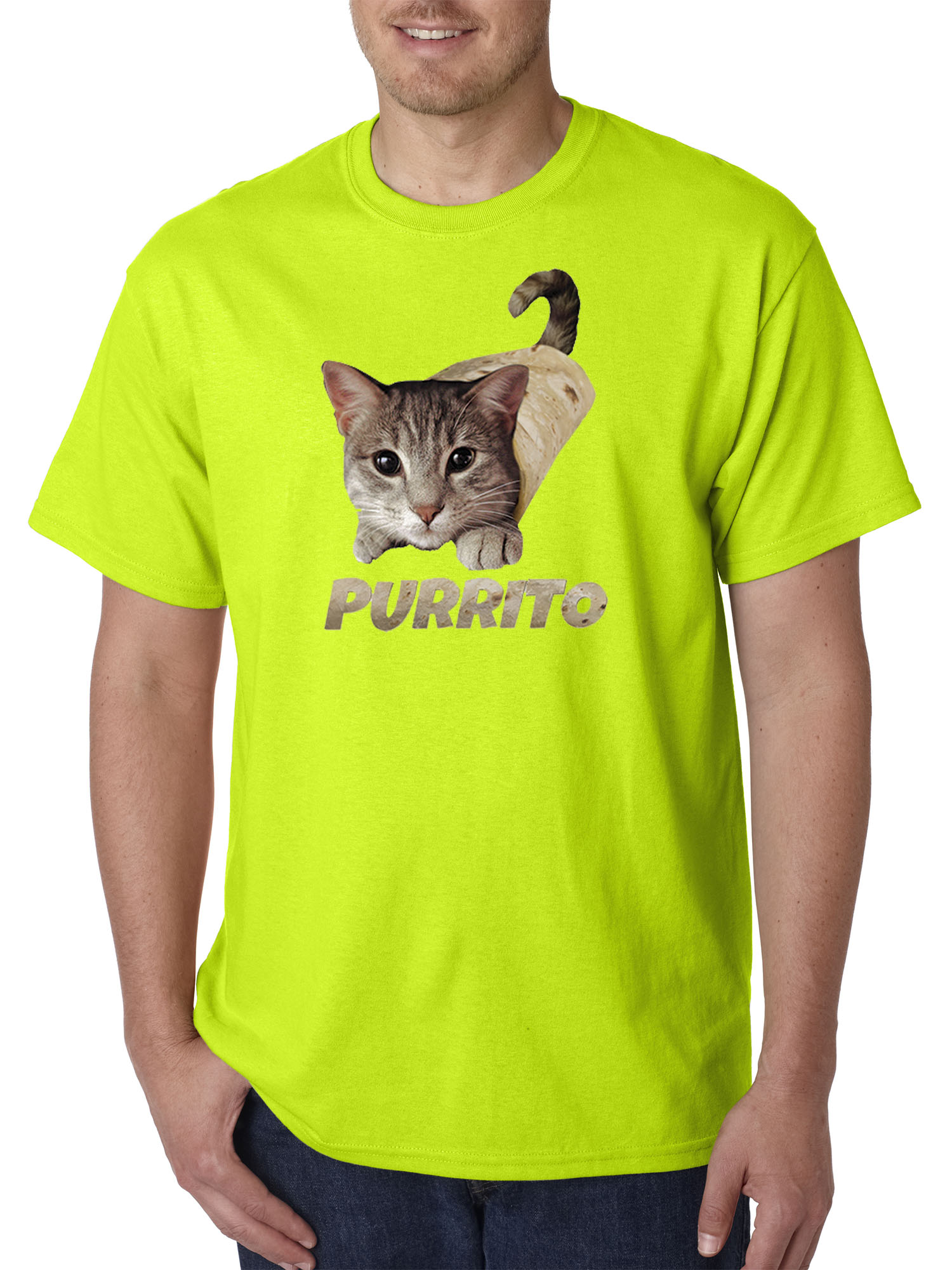 Trendy USA 1507 - Unisex T-Shirt Purrito Burrito Kitty Cat Lovers Taco Spicy Funny Large Safety Green