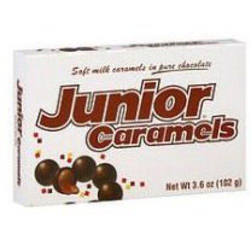 Junior Caramels  Chocolate Covered Caramel Candy  3.6 Oz. Peanut Free  Gluten Free. Contains Milk  Egg and Soy