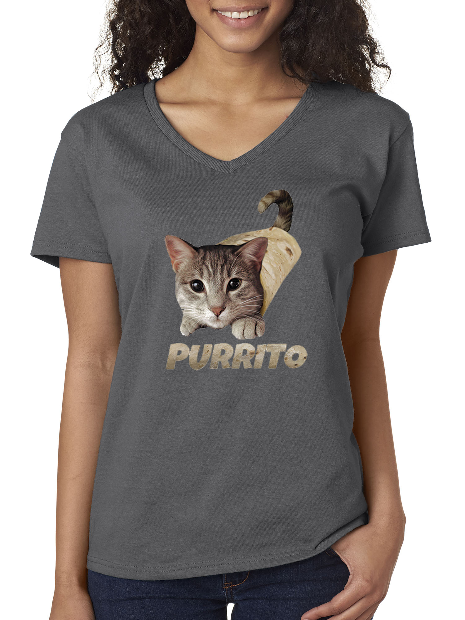 Trendy USA 1507 - Women's V-Neck T-Shirt Purrito Burrito Kitty Cat Lovers Taco Spicy Funny Small Charcoal
