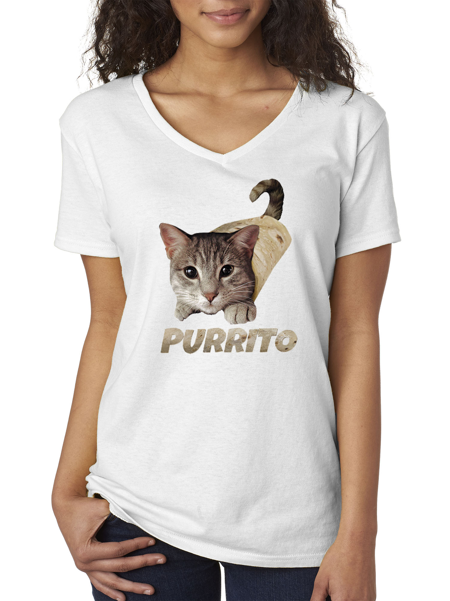Trendy USA 1507 - Women's V-Neck T-Shirt Purrito Burrito Kitty Cat Lovers Taco Spicy Funny XL White