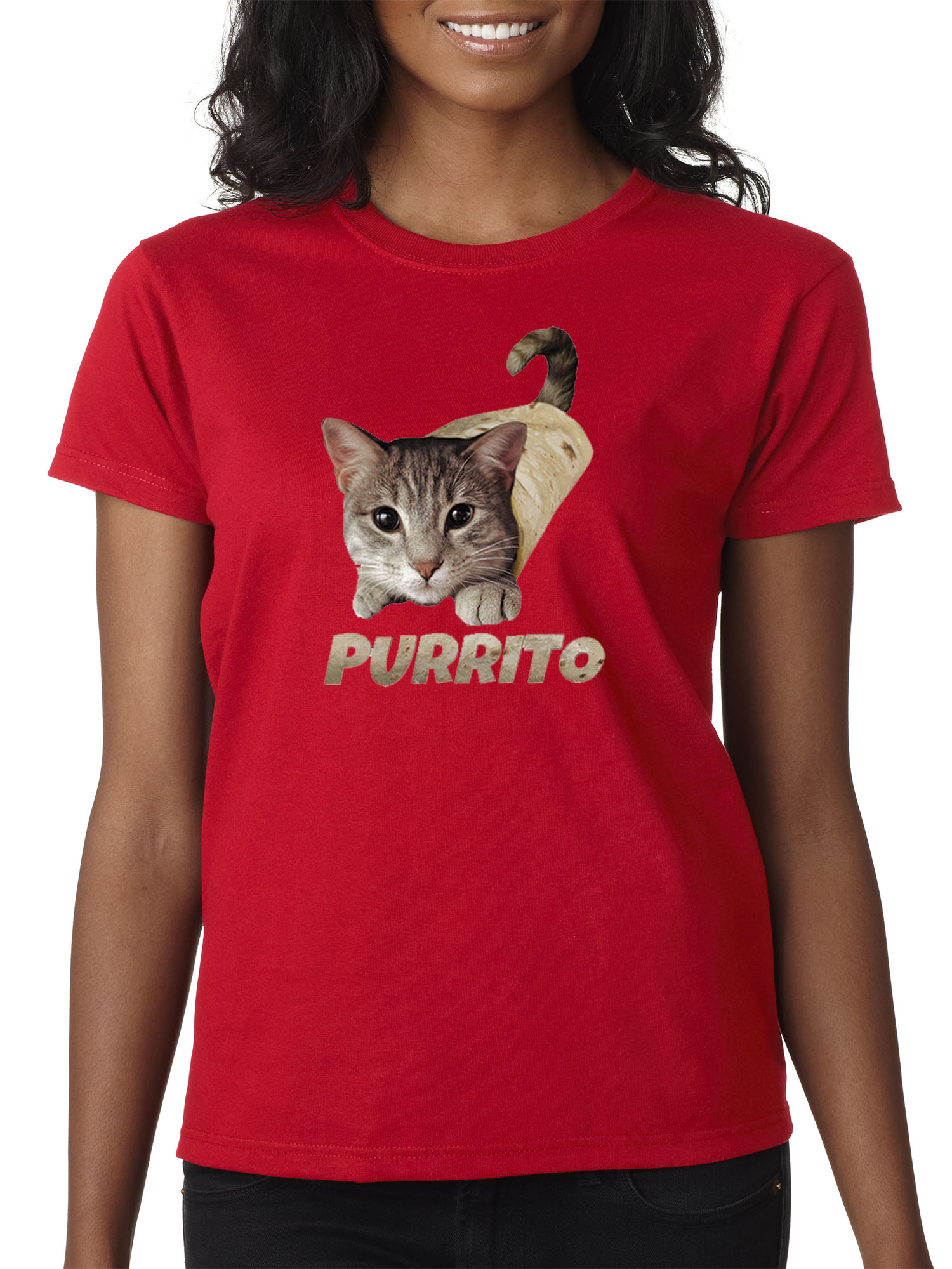 Trendy USA 1507 - Women's T-Shirt Purrito Burrito Kitty Cat Lovers Taco Spicy Funny Medium Red