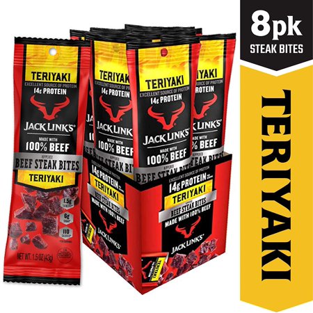 Jack Linkâ€™s Beef Steak Bites, Teriyaki, 1.5 Oz Bag, Pack of 8 â€“ on-the-Go, Poppable Meat Snack, Excellent Source of Protein, Made with 1