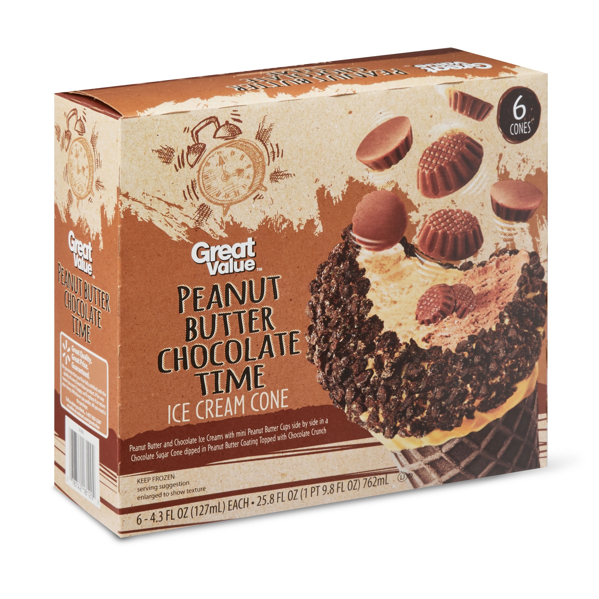 Great Value Ice Cream Cones, Peanut Butter Chocolate Time, 4.3 Oz, 6 Count