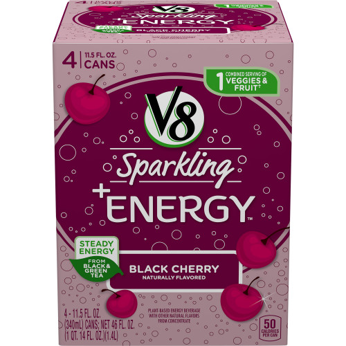 V8 +Energy Sparkling Black Cherry Juice Energy Drink  11.5 Fl Oz Can  4 Count