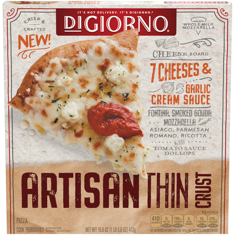 7 CHEESES & GARLIC CREAM SAUCE FONTINA, SMOKED GOUDA, MOZZARELLA, ASIAGO, PARMESAN, ROMANO, RICOTTA WITH TOMATO SAUCE DOLLOPS ARTISAN THIN CRUST PIZZA, 7 CHEESES & GARLIC CREAM SAUCE