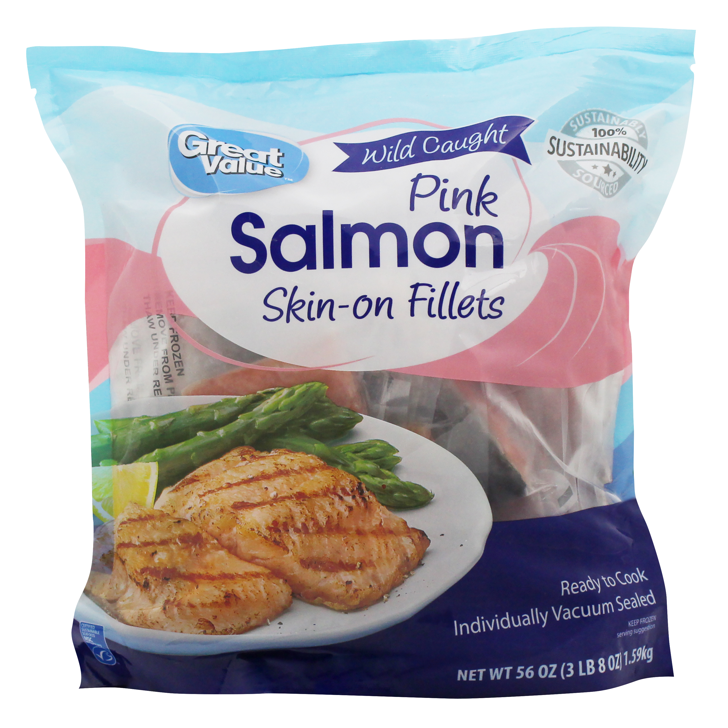 Great Value Frozen Wild Caught Pink Salmon Skin-on Fillets, 56 Oz