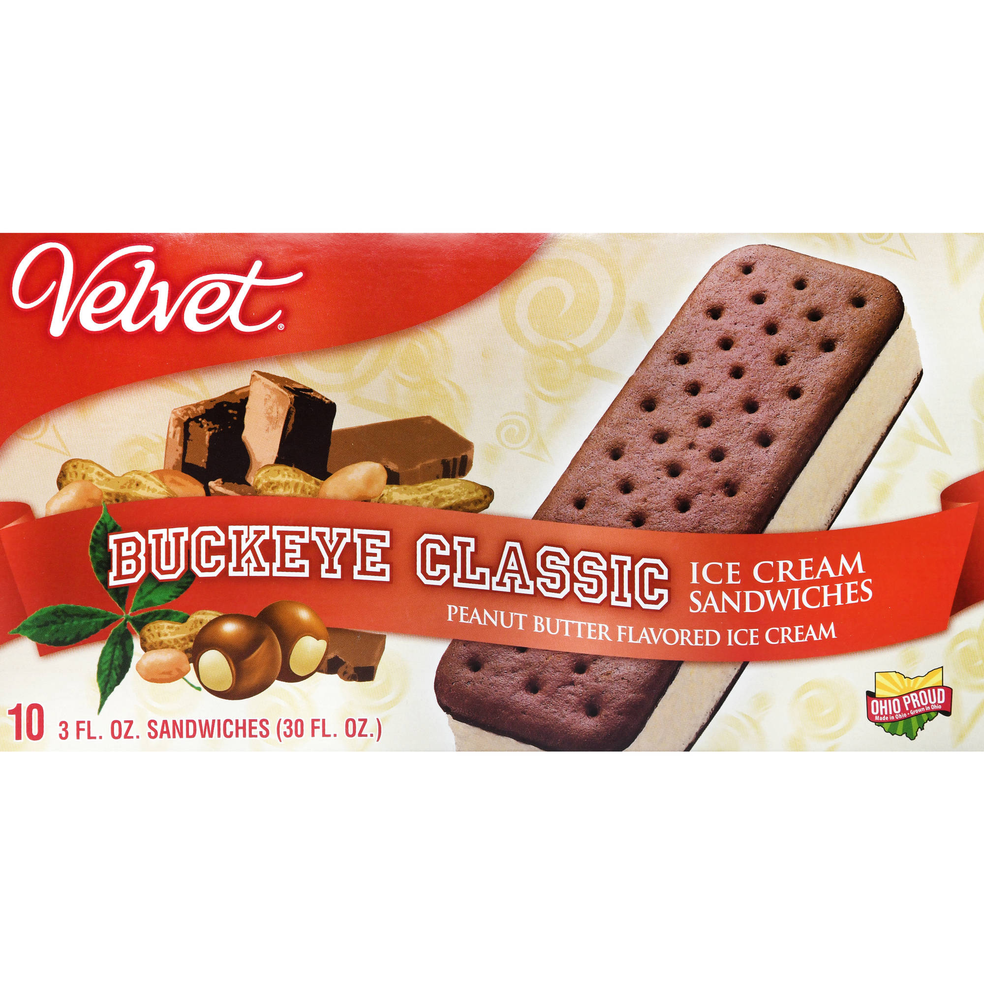 Velvet Buckeye Classic Peanut Butter Ice Cream Sandwiches, 10 Sandwiches, 3 Fl Oz