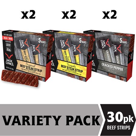Jack Link’s Beef Strips, 30 Count, Variety Pack (10) Original, (10) Teriyaki and (10) Cracked Pepper Flavors –Portable Meat Bars Made with 100% Pr