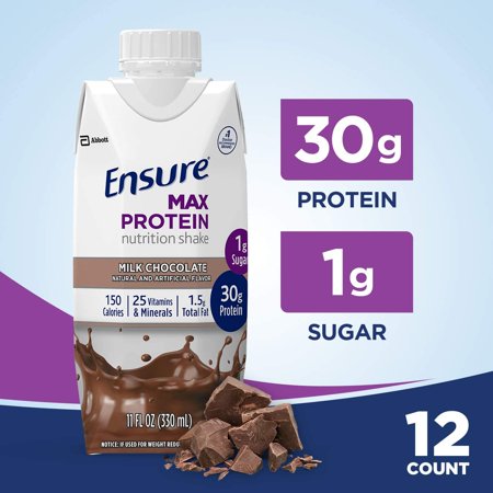 Ensure Max Protein Nutrition Shake with 30g of Protein, 1g of Sugar, High Protein Shake, Milk Chocolate, 11 Fl Oz, 12 Count