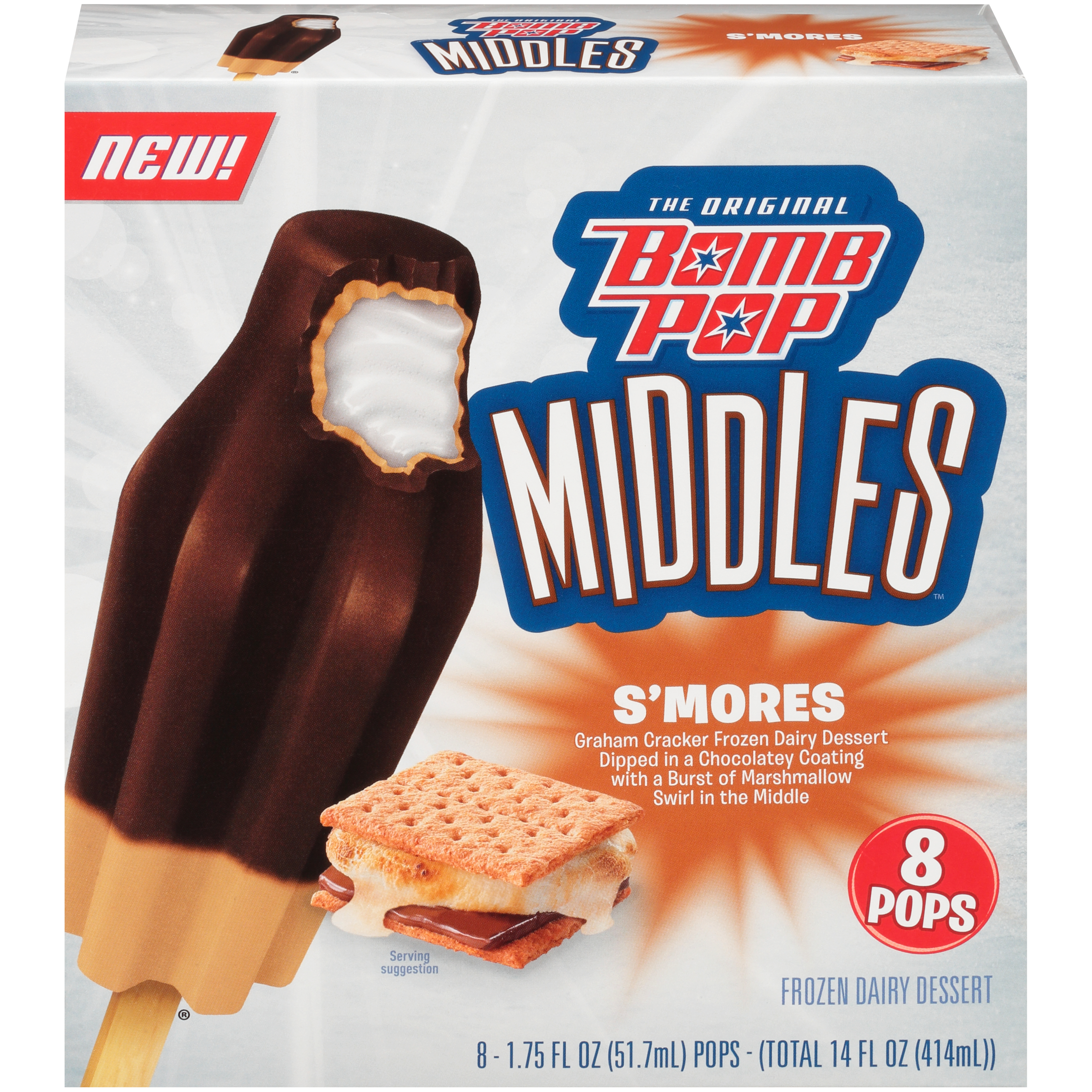 S'MORES GRAHAM CRACKER FROZEN DAIRY DESSERT POPS DIPPED IN A CHOCOLATEY COATING WITH A BURST OF MARSHMALLOW SWIRL IN THE MIDDLE, S'MORES