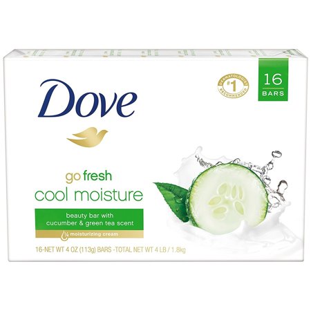 Dove Beauty Bar Bath Soap for Dry Skin Cool Moisture Cucumber and Green Tea 3.75 Oz 16 Bars