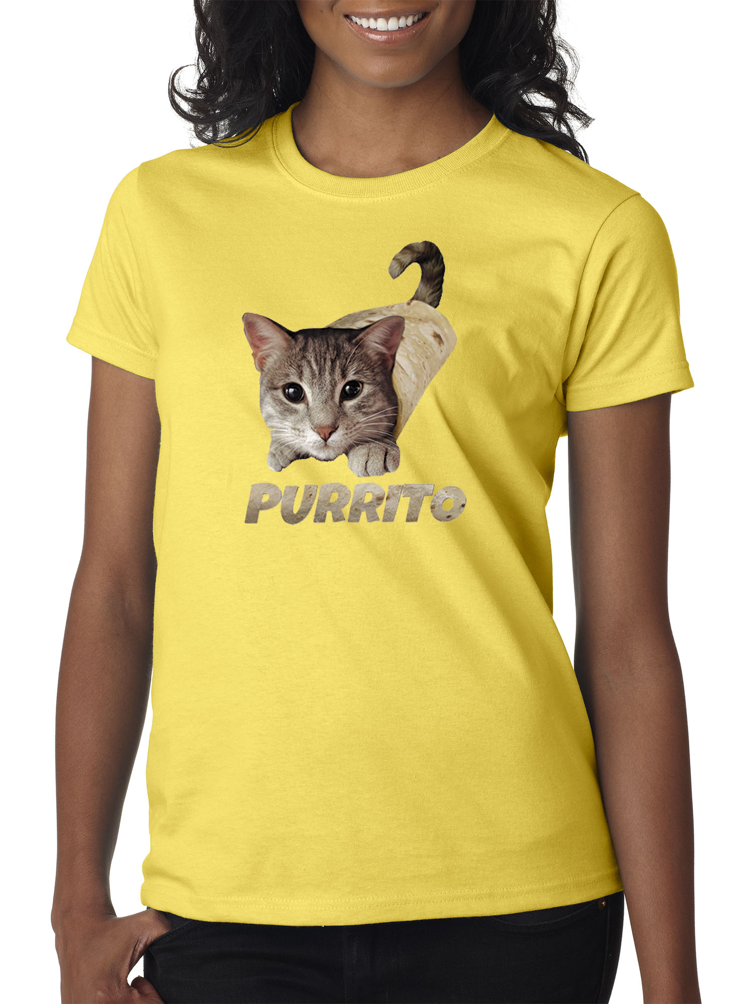 Trendy USA 1507 - Women's T-Shirt Purrito Burrito Kitty Cat Lovers Taco Spicy Funny Medium Daisy Yellow