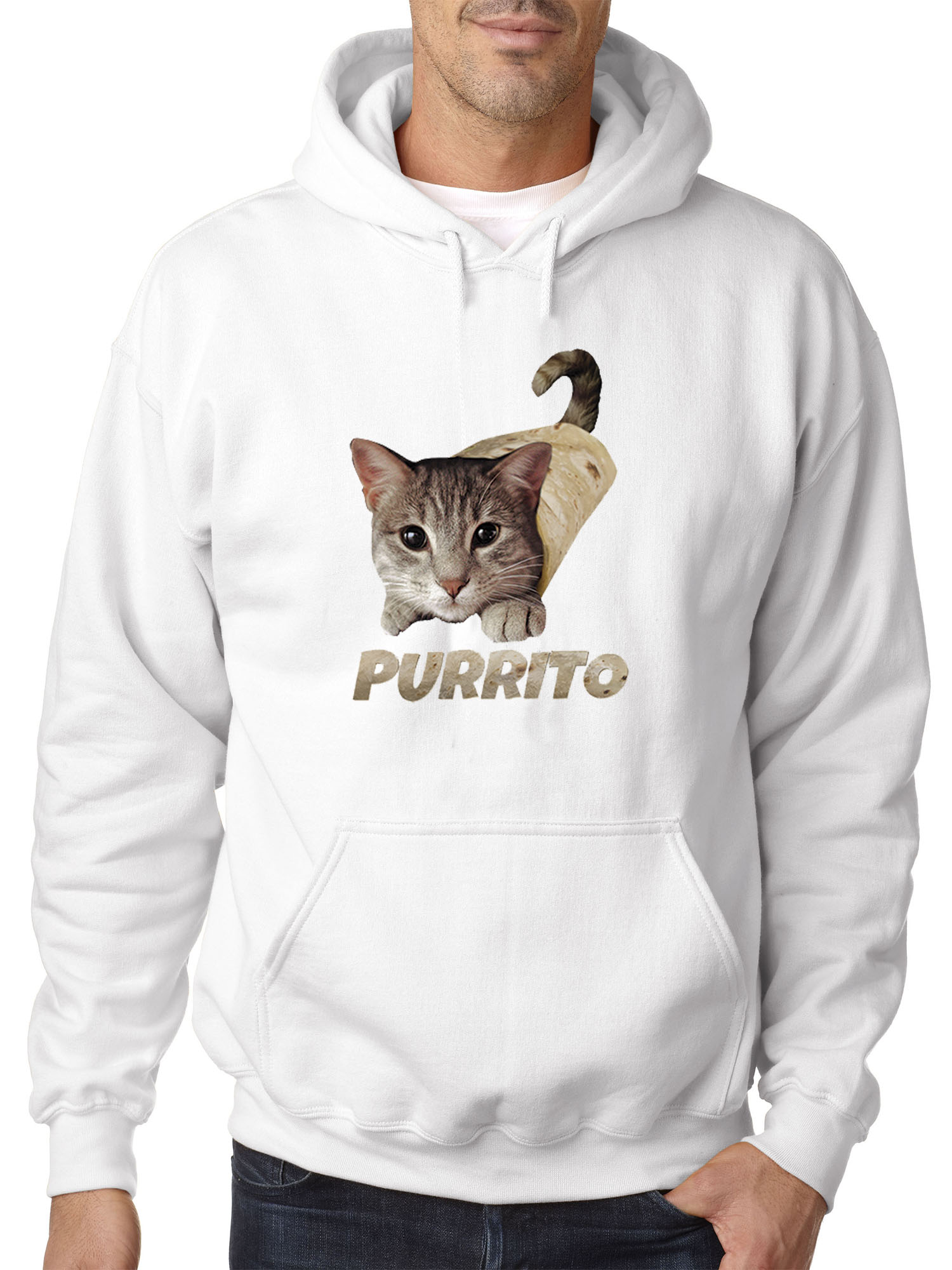 Trendy USA 1507 - Adult Hoodie Purrito Burrito Kitty Cat Lovers Taco Spicy Funny Sweatshirt Medium White