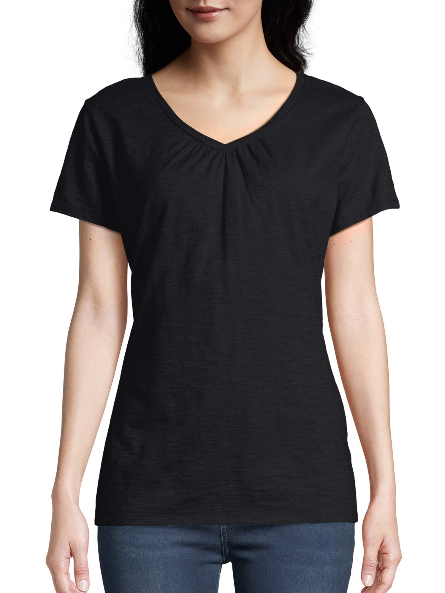 Hanes Women S Slub Jersey Shirred V-Neck T-Shirt Black XL