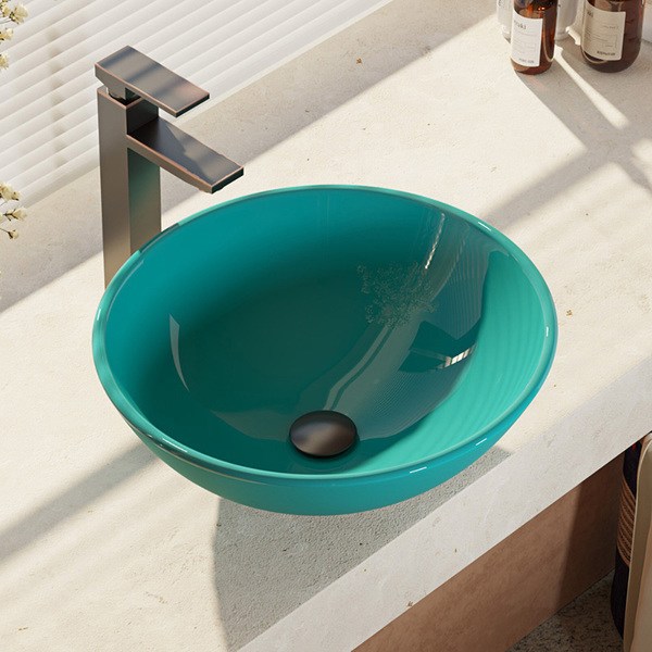 R5-5001-CER-R9-7003 Cerulean Colored Glass Vessel Sink with Faucet, Sink Ring, and Pop-up Drain