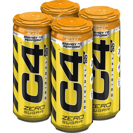 Cellucor C4 Original Carbonated Zero Sugar Energy Drink, Pre Workout Drink + Beta Alanine, Sparkling Tropical Blast, 16 Fl. Oz (Pack of 4)