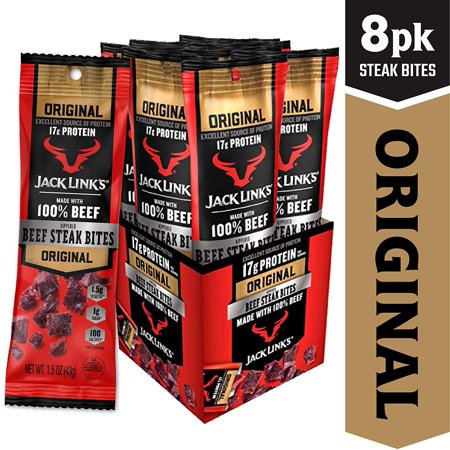 Jack Link’s Beef Steak Bites, Original, 1.5 Oz Bag, Pack of 8 – on-the-Go, Poppable Meat Snack, Excellent Source of Protein, Made with 100% Beef, 