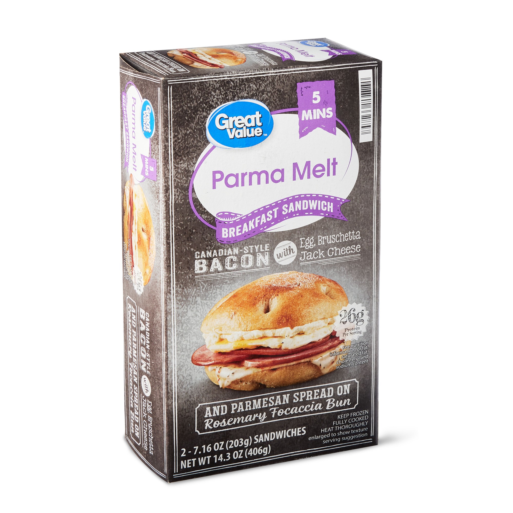 PARMA MELT CANADIAN-STYLE BACON WITH EGG, BRUSCHETTA JACK CHEESE AND PARMESAN SPREAD ON ROSEMARY FOCACCIA BUN BREAKFAST SANDWICHES, PARMA MELT